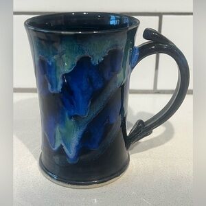 Hand-Thrown Pottery Mug — Blue Drip Glaze, Signed by Maker — 5” x 3.5”